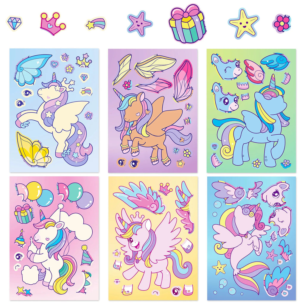 6/12PCS Rainbow Horse DIY Puzzle Sticker Games Unicorn Make A Face Funny Assemble Educational Stickers