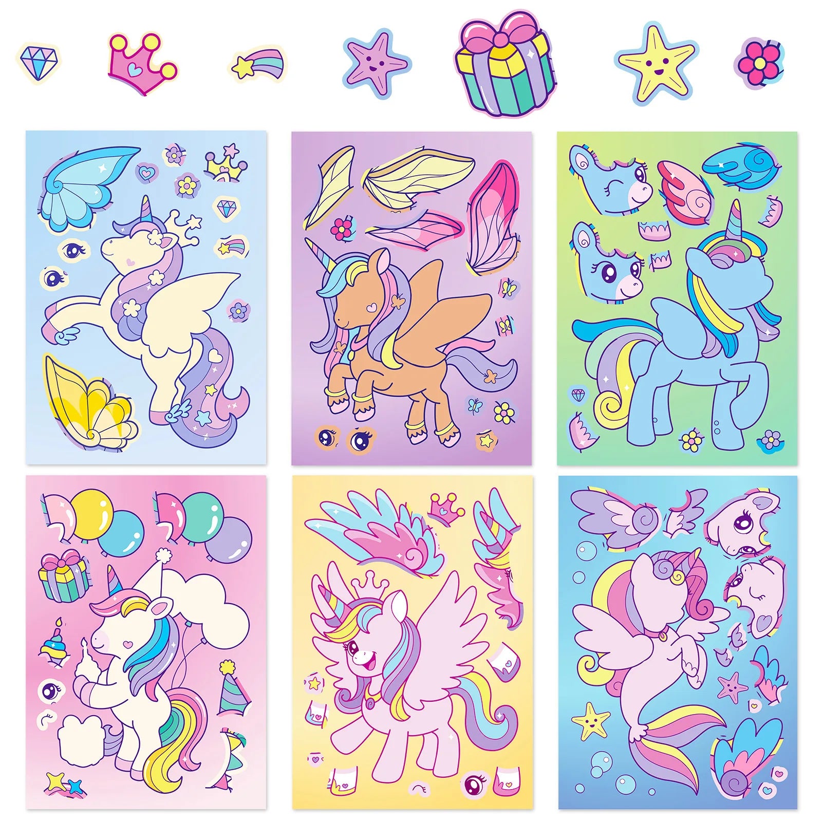 6/12PCS Rainbow Horse DIY Puzzle Sticker Games Unicorn Make A Face Funny Assemble Educational Stickers
