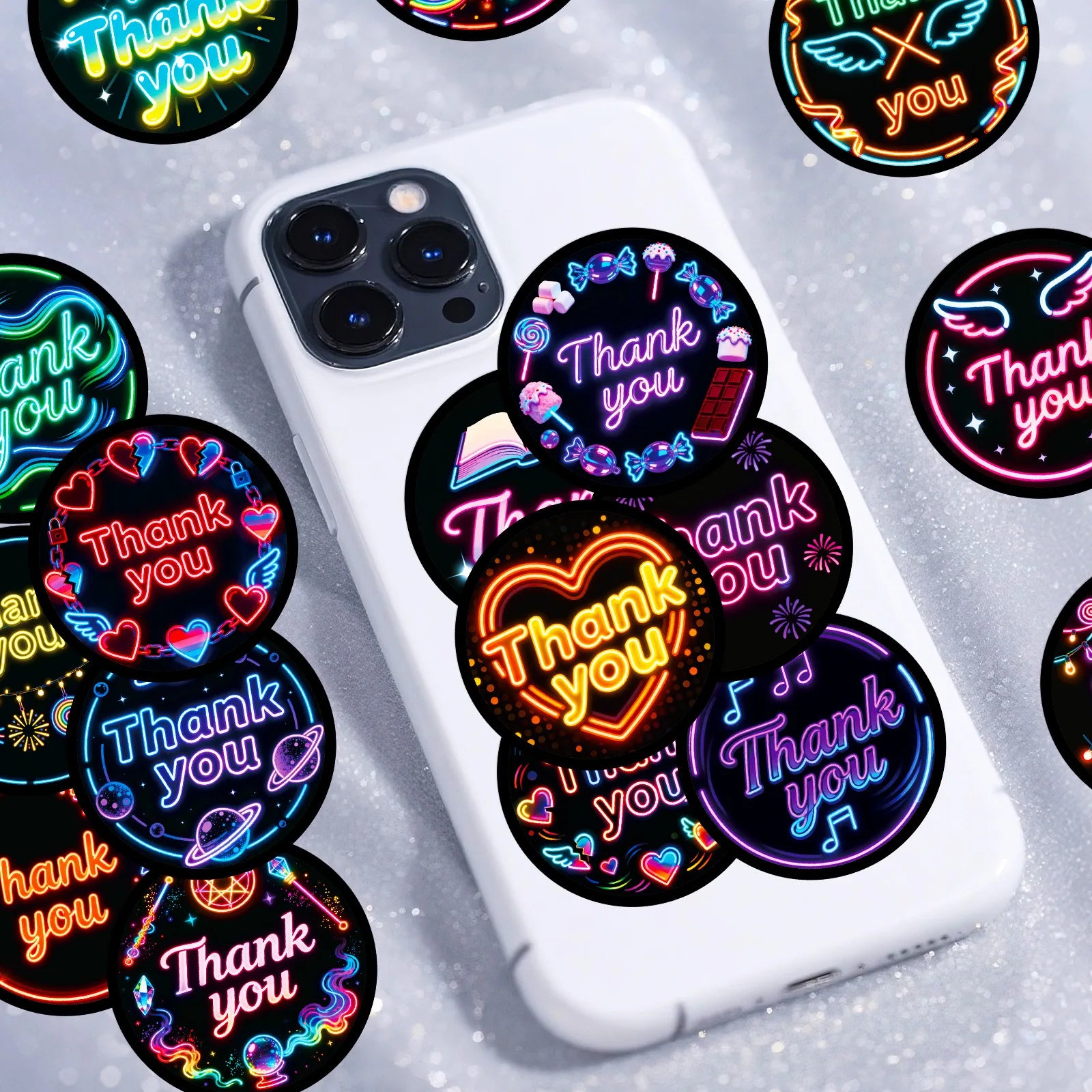 50/100PCS Colorful Neon Thank You Stickers English Decorative Stickers Waterproof Laptop Stationery Reward Stickers