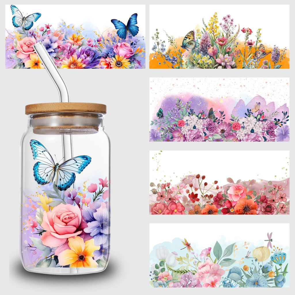 5 Sheets Plant UV DTF Cup Stickers, DTF Transfer Stickers, Waterproof Flower Wipe-Off Transfer Paper for 16oz Glass, Mug