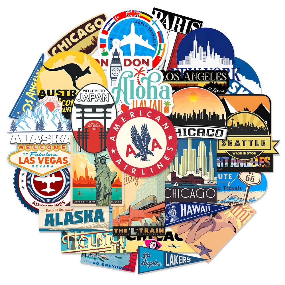 30PCS US Popular Route 66 Cartoon Fun Sticker Pack DIY Manual Account Phone Case Notebook Skateboard