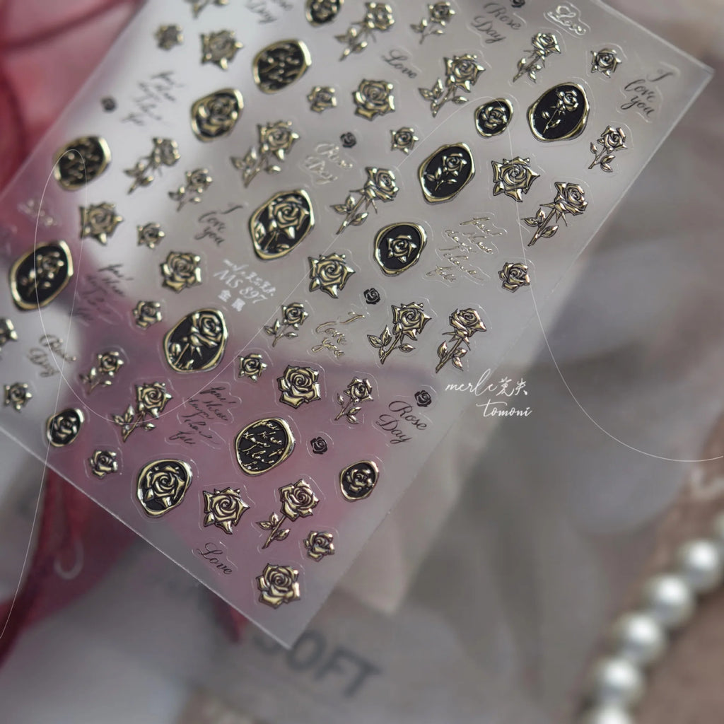 Retro Rose Flowers Nail Art Stickers Luxury Gilt-gold Metal Nail Stickers Back Adhesice Seal Rose Nails Decorations Decals DIY