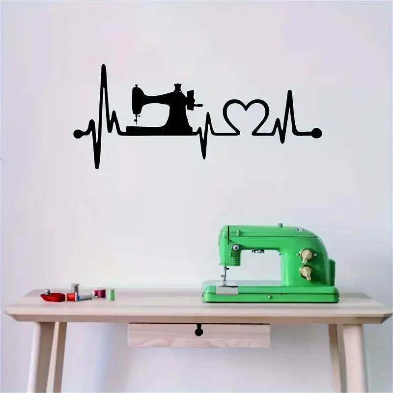 Sewing Machine Heartbeat Wall Decal - Removable Vinyl Mural for Sewing Room, Contemporary Geometric Design, Matte Finish