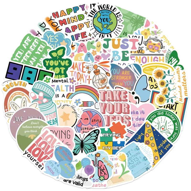 10/30/50PCS Cartoon Mental Health PVC Sticky Sticker Aesthetic DIY Stationery Decoration Scrapbooking School Supplies for Kids