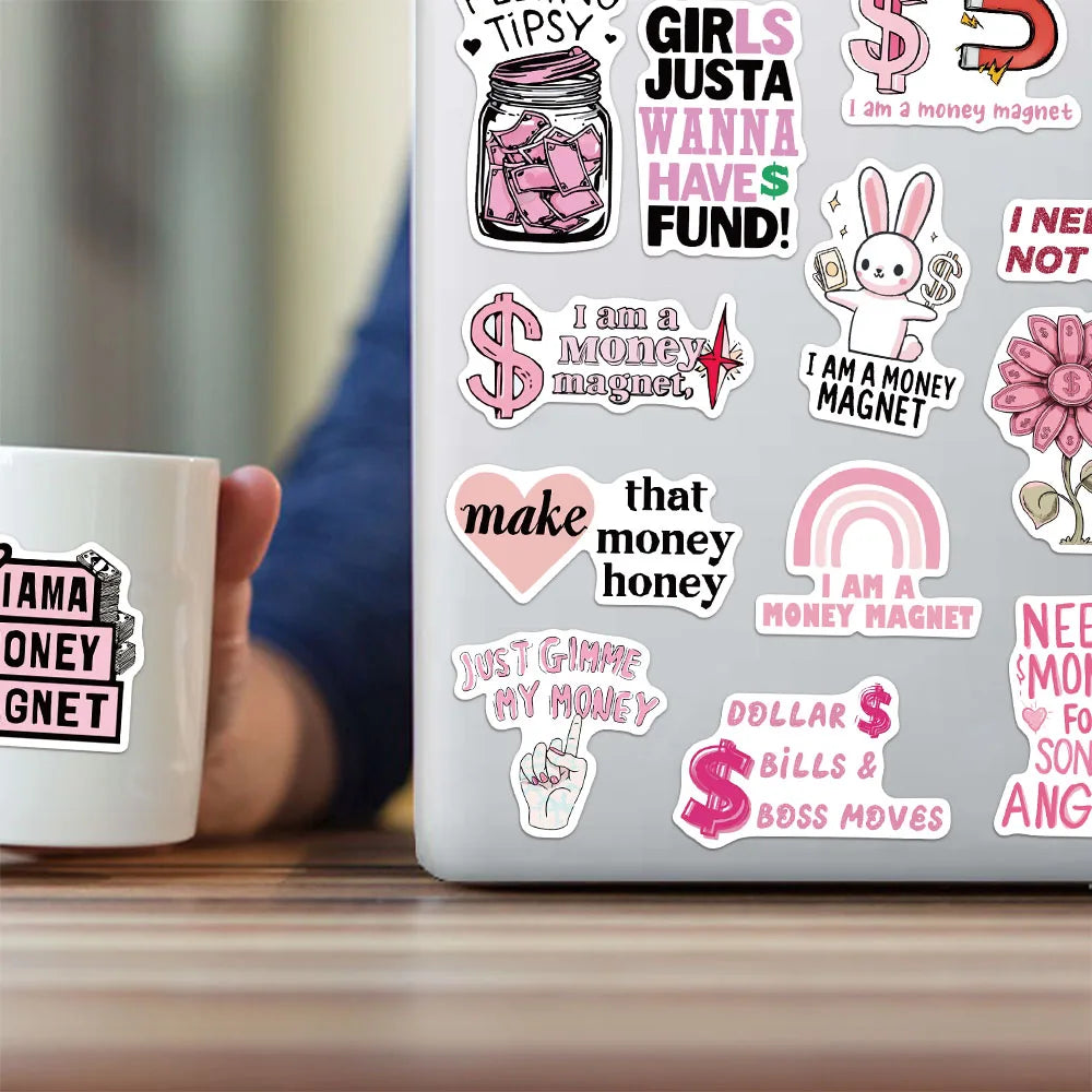 50PCS Money Pink Fun Stickers DIY Manual Speaker Decorative Bag Notebook Water Cup Label Stickers