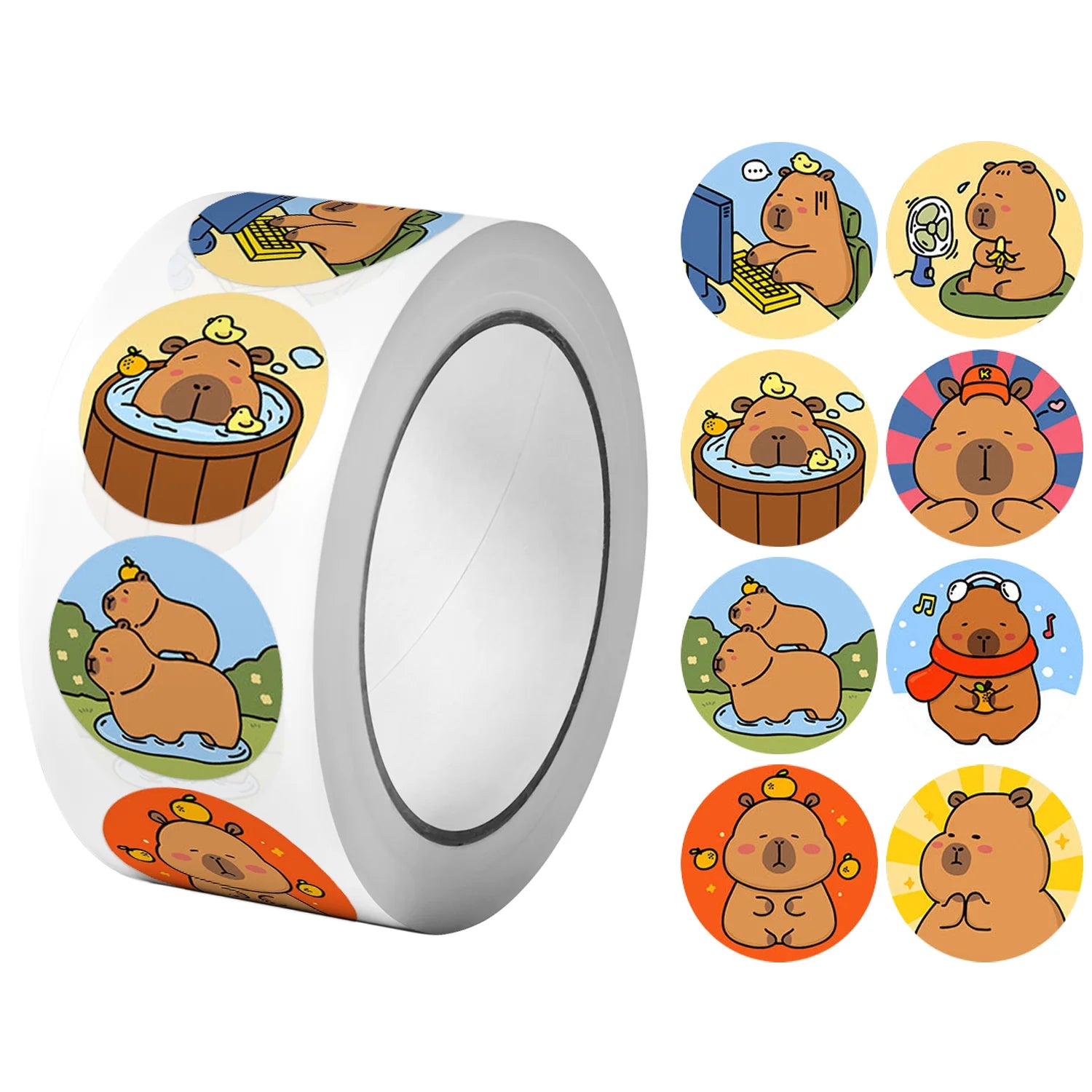 1Roll(500Pcs) Cartoon Capybara Animal Stickers Cute Reward Notebook Labels Laptop Stickers Decal Home Decoration