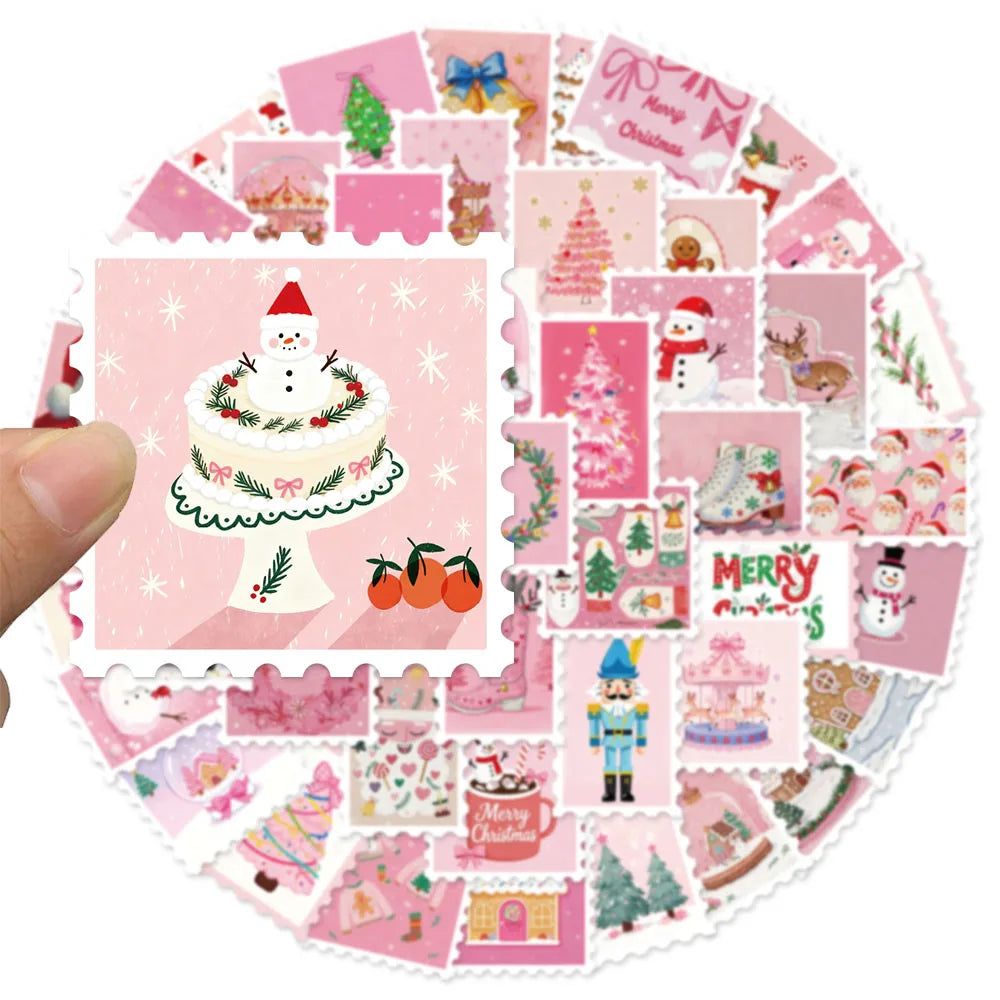 50PCS Pink Christmas Stamp Fun Sticker Set DIY Booklet Scrap Book Decorative Notebook Water Cup Christmas Label Stickers