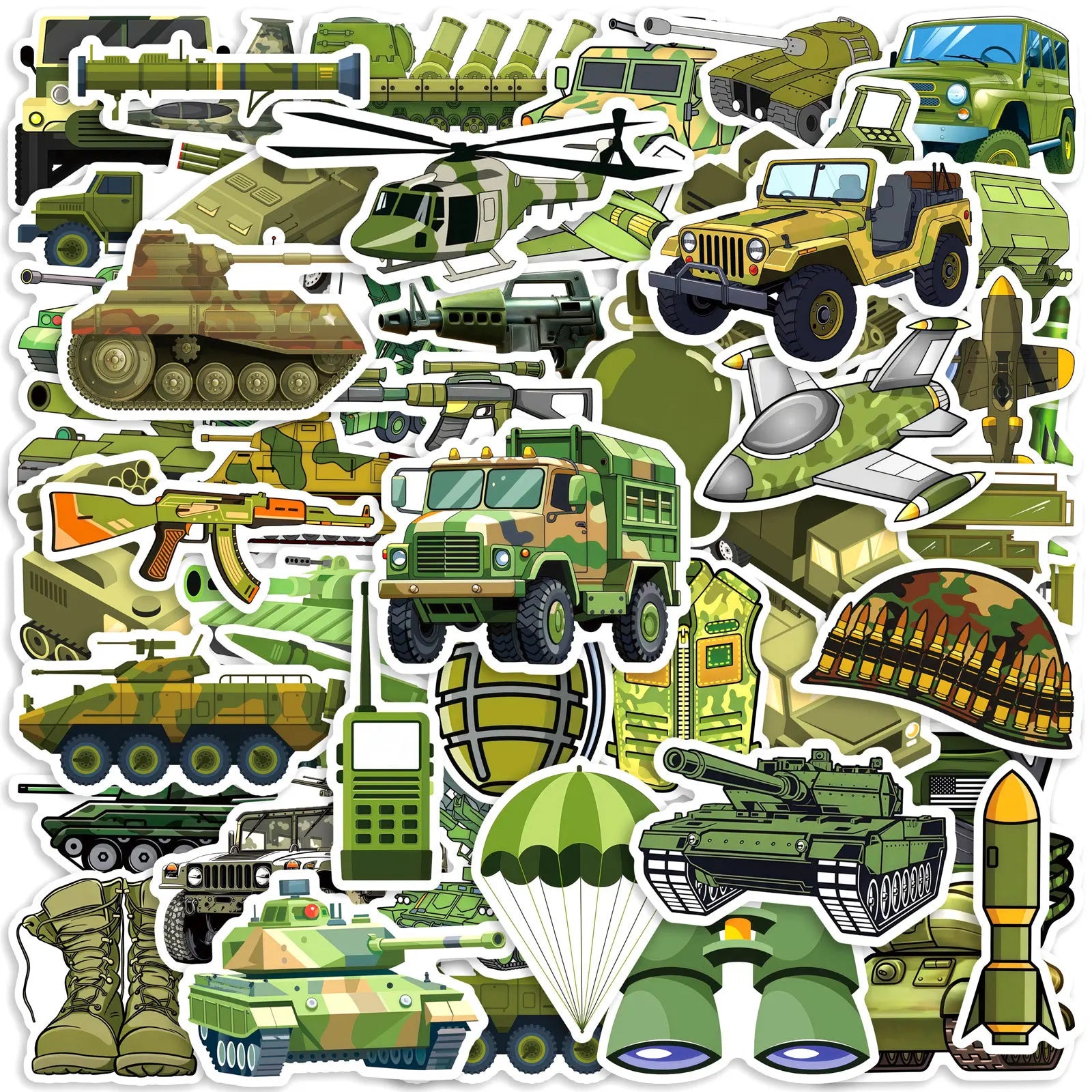 50-Pack Military Tank Missile Helicopter Decals Camouflage Gear Waterproof Stickers for Water Bottles Skateboards Guitars Helmet
