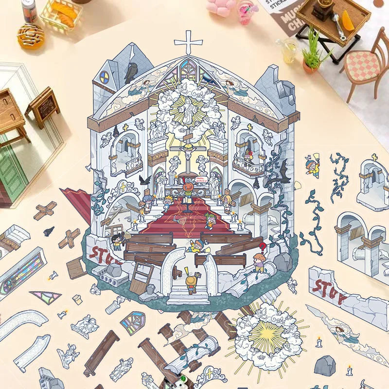 3D Cartoon Landscape Stickers Pink Candy House Miniature World 3D Small House Decompression DIY Scene Hand Account Stickers