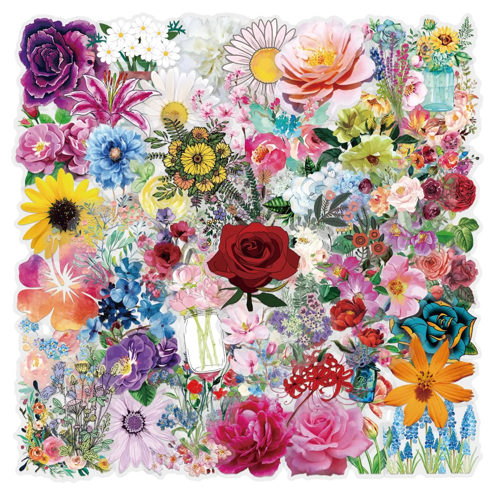 63/126PCS Transparent PET Flower Personalized Graffiti Stickers for Luggage, Water Cups, Scooter Stickers