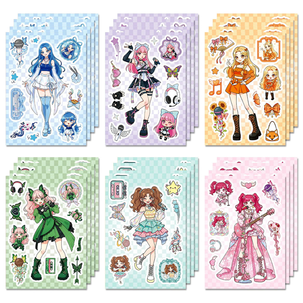 6/12/18Pcs Anime Idol Girl Make A Face Puzzle Stickers, Creative Stationery Decals for Desk Wall Notebook Room Decor