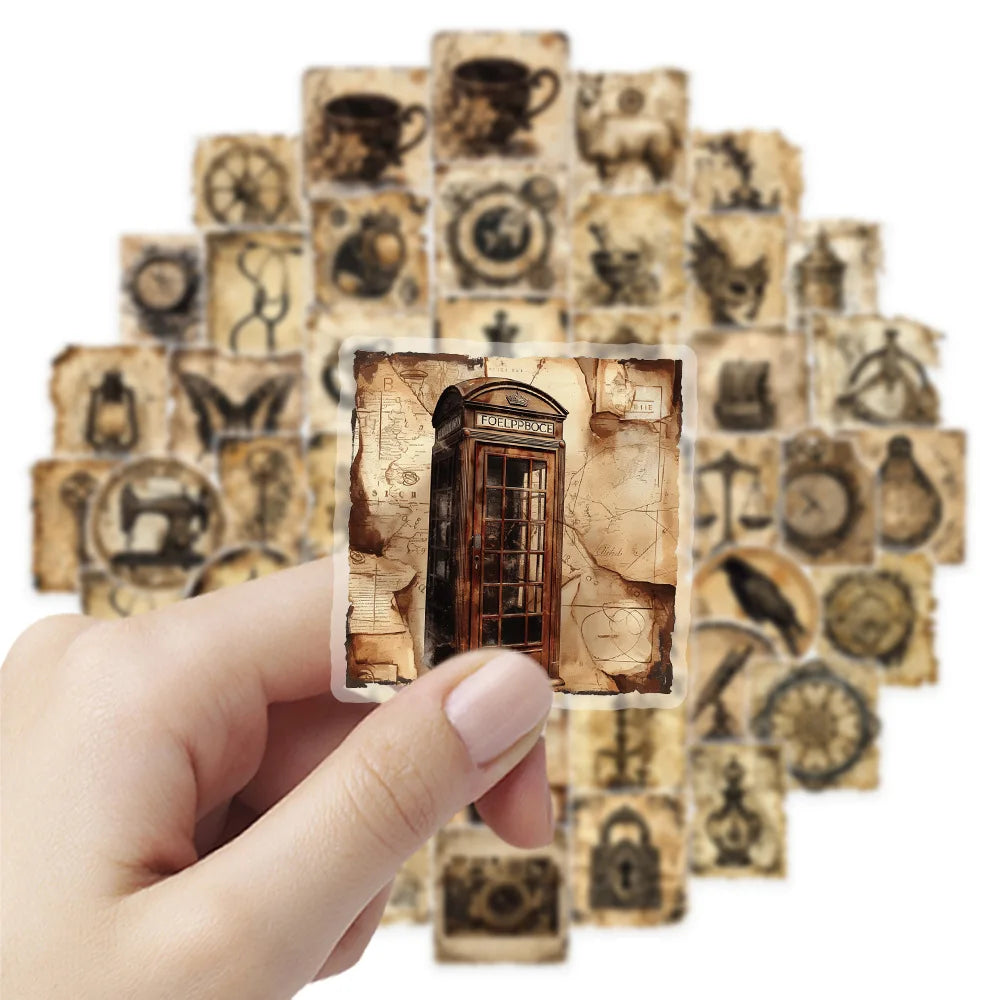 50-Pack Vintage Object Stickers Students Stationery Laptops Phones Suitcases Decor Waterproof Graffiti Decals