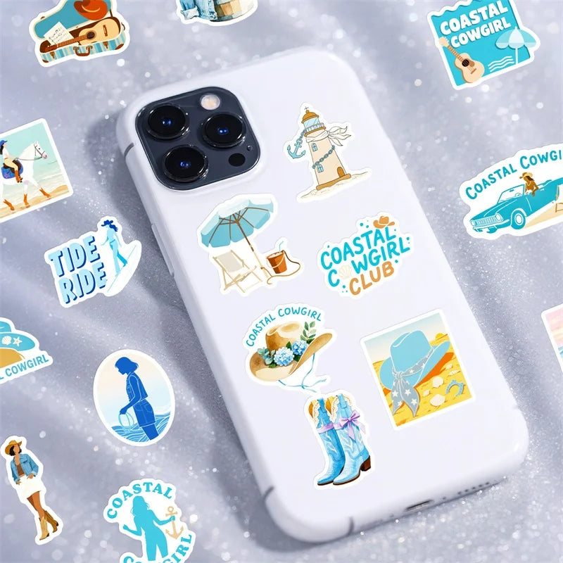10/30/56PCS Kawaii Blue Seaside Life PVC Sticky Stickers Aesthetic DIY Colored Phone Laptop Luggage Skateboard Graffiti Decals