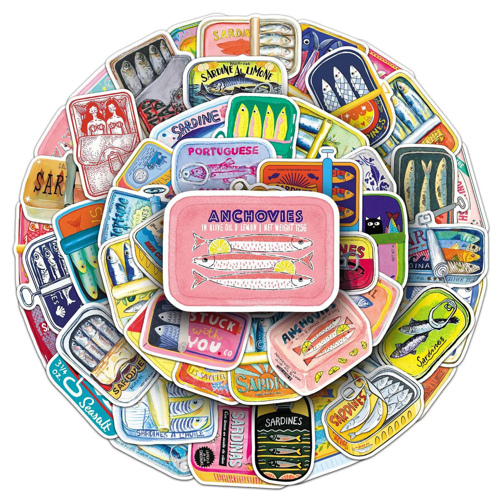 50-Pack Cartoon Tuna Can Stickers Waterproof Decorative Stickers for Phone Notebook Luggage Helmet Student Stationery Rewards