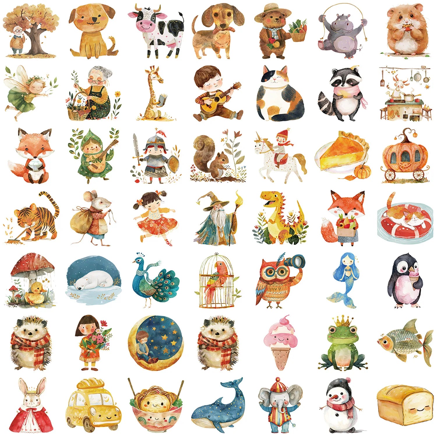 50Pcs Transparent Fairy Tale Watercolor Sticker Pack Waterproof Transparent PET Bookkeeping Material Decorative Guitar Notebook