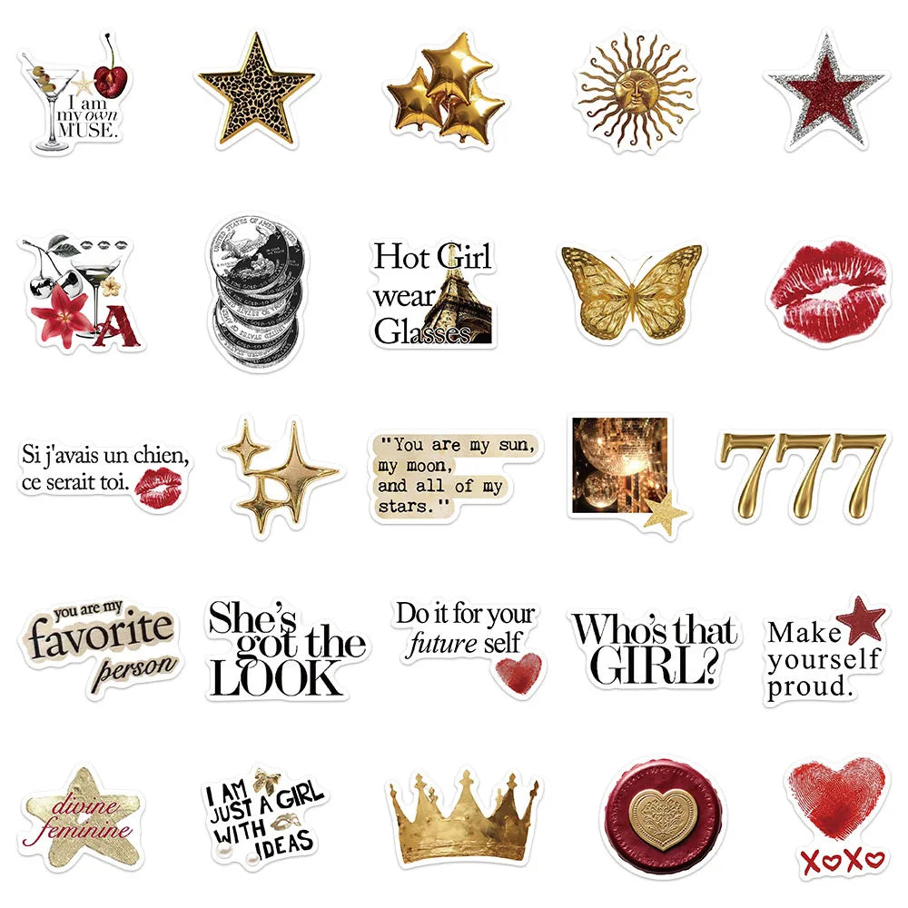 50-100PCS Gold & Red Y2K Stickers DIY Account Phone Cases Water Cups Computer Decoration Waterproof Stickers