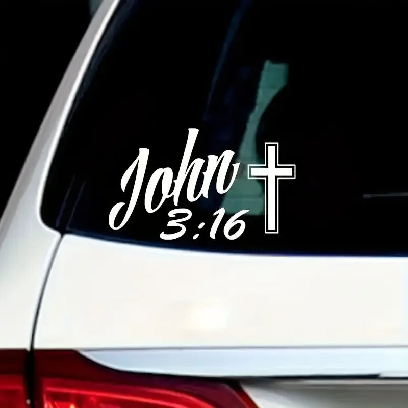 John 3:16 Bible Verse Car Window Decal - Black Cross & White Cursive Script Vinyl Sticker, Weather-Resistant PVC, Self-Adhesive