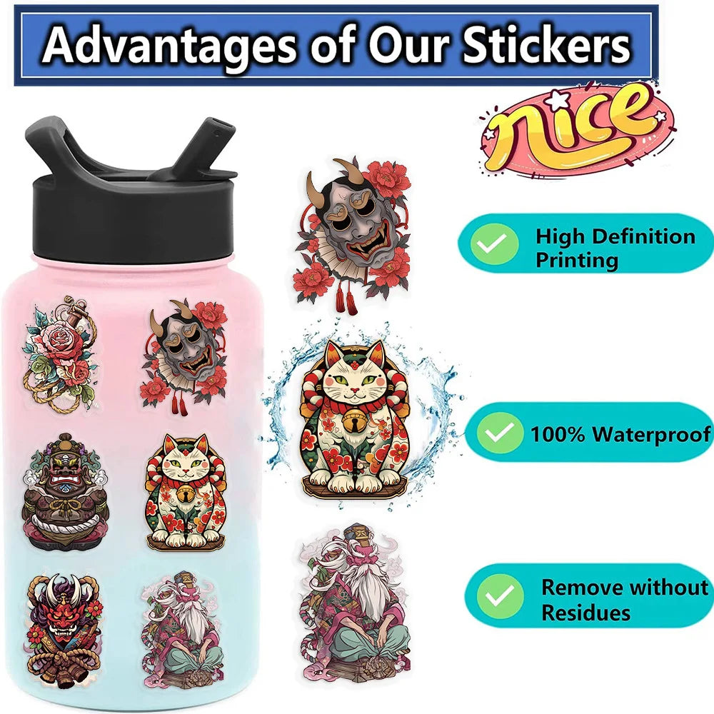 50pcs Transparent Japanese Tattoo Art Stickers - Waterproof PET Decals for Scrapbooking, Guitar & Laptop Decoration