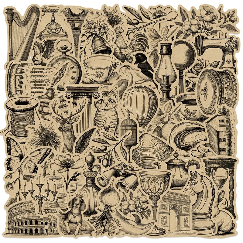 10/30/50PCS Vintage Black Sticky PVC Sticker Aesthetic Stationery DIY Decoration Scrapbooking School Supplies for Kids