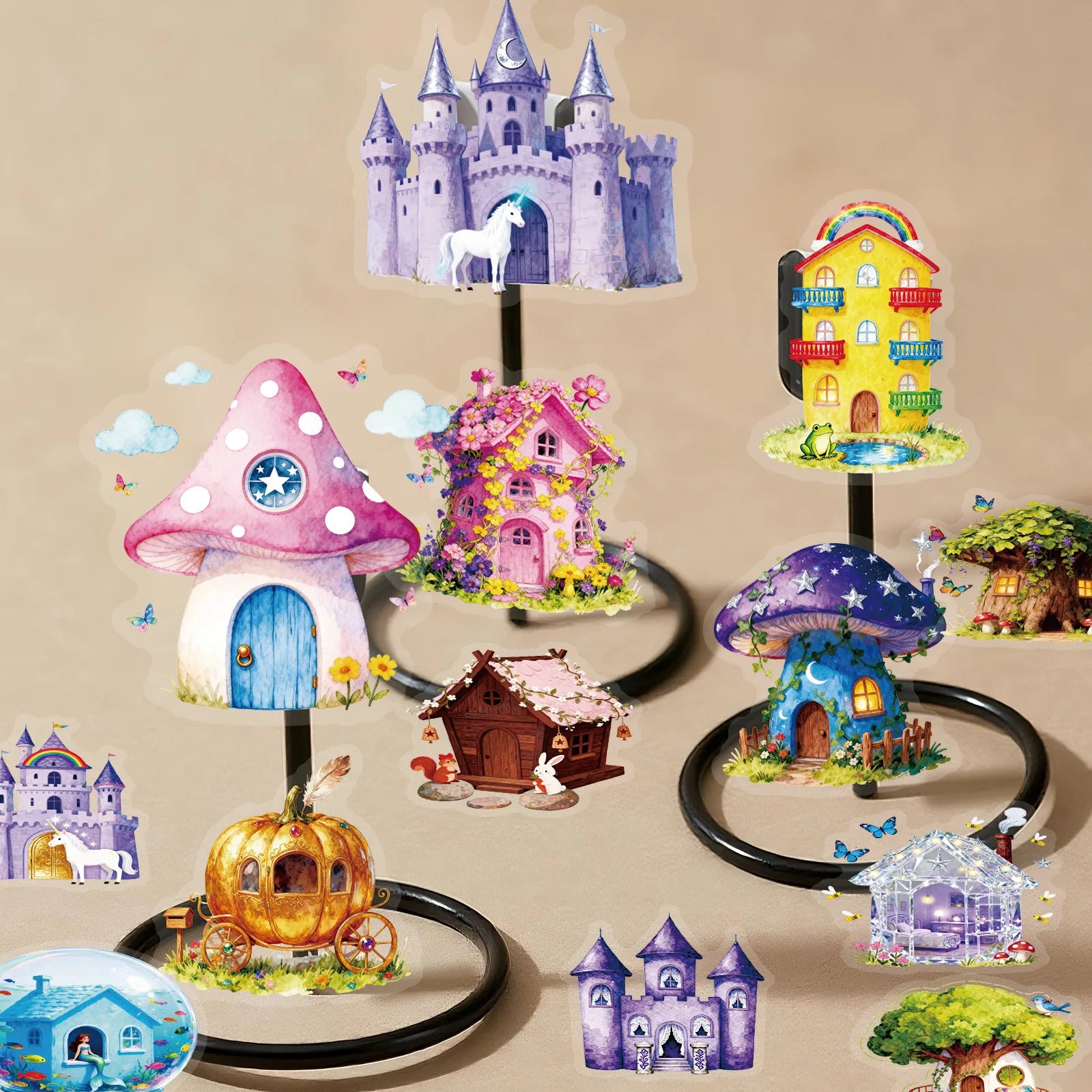 56/112Pcs Fairytale Colorful Mushroom House Castle Stickers, Clear PET Decals for Stationery Notebook Fridge Luggage Guitar