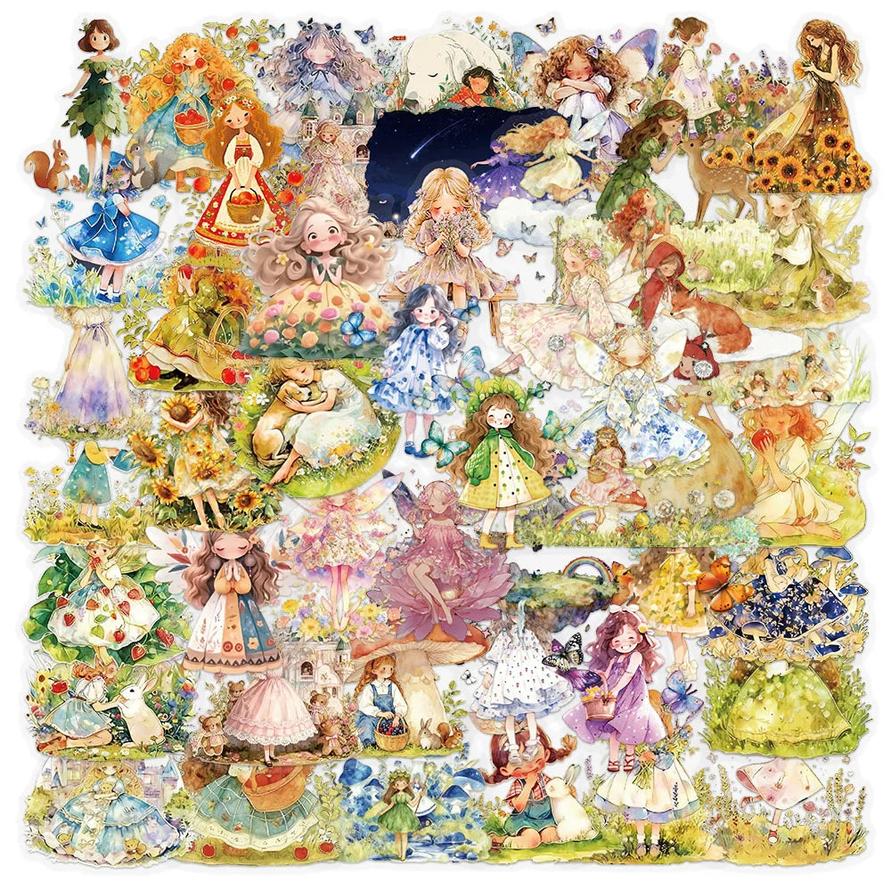 50-Pack Fairy Tale Princess PET Waterproof Plastic Stickers for DIY Phone Luggage Cup Stationery Notebook Decorative Decals