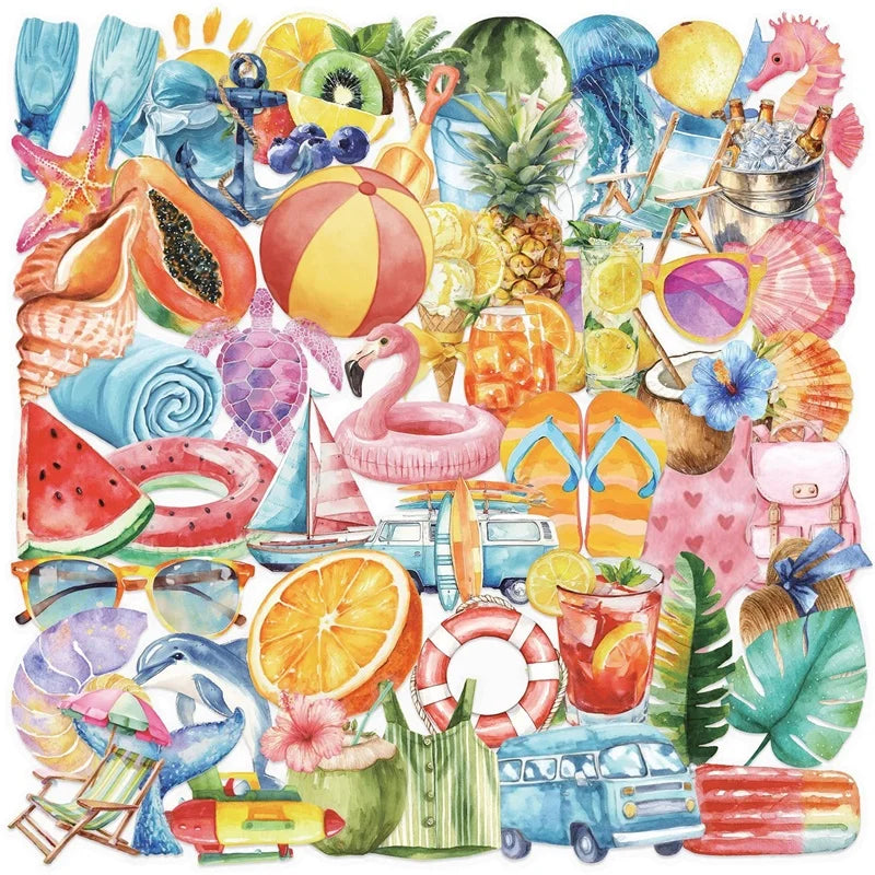 50PCS Cute Watercolor Summer PET Sticky Sticker Aesthetic Tear Open DIY Decoration Scrapbooking Sketchbook Supplies for Kids