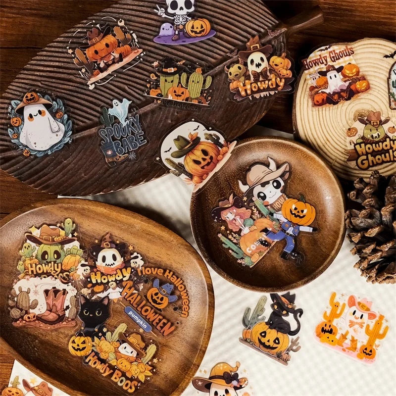 56PCS Cartoon Halloween PET Sticky Sticker Aesthetic Tear Open DIY Decoration Scrapbooking Sketchbook Supplies for Kids