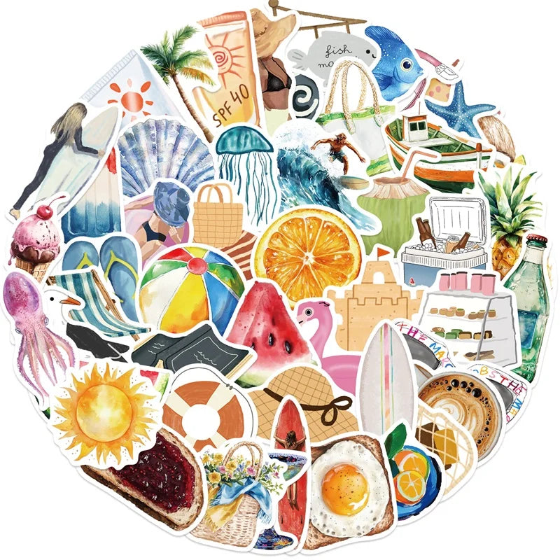 10/30/50PCS Kawaii Summer Life PVC Sticky Sticker Aesthetic DIY Stationery Decoration Scrapbooking School Supplies for Kids