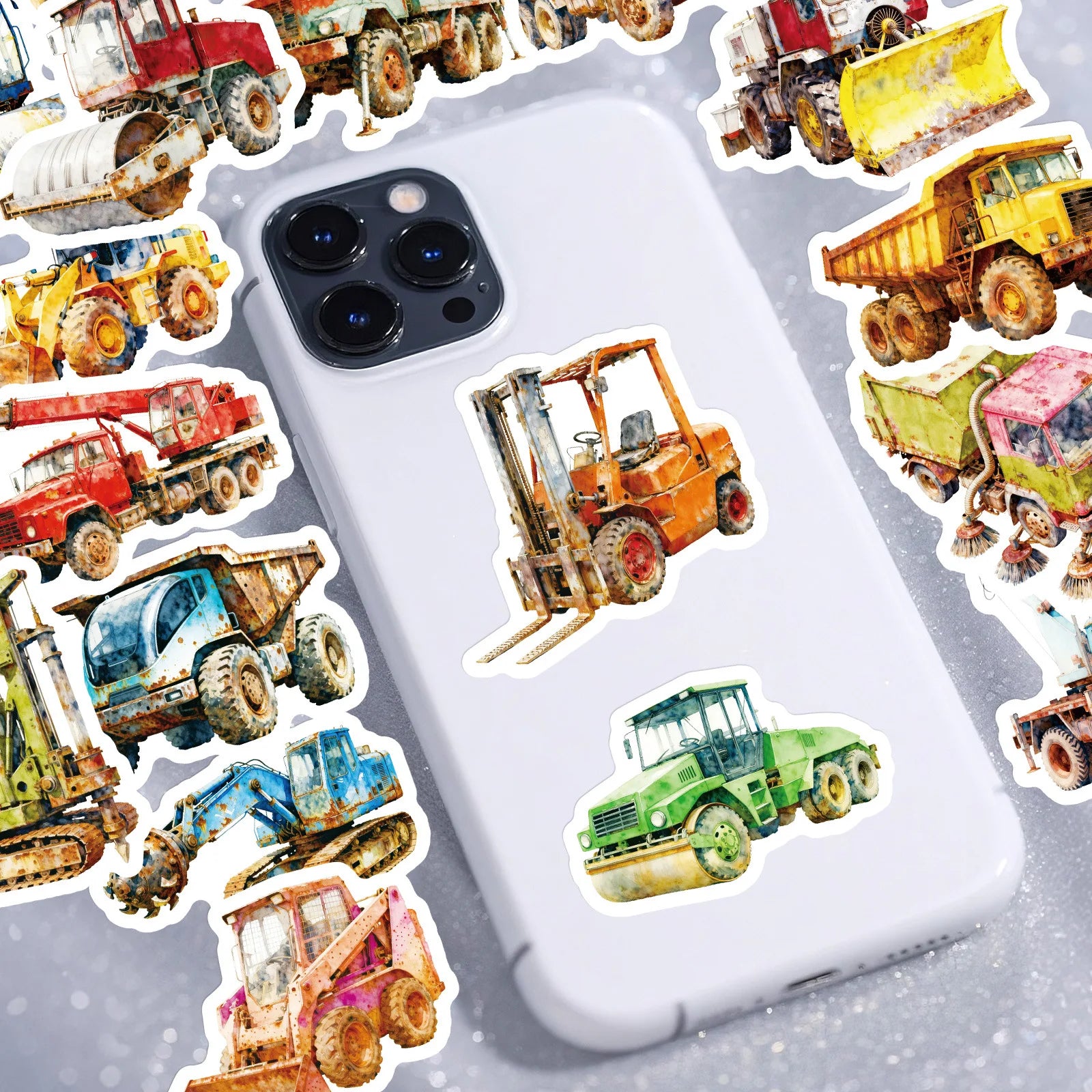 56PCS Vintage Construction Truck Watercolor Stickers Childred DIY Art Decals Notebook Phone Case Tablet Suitcase Sticker