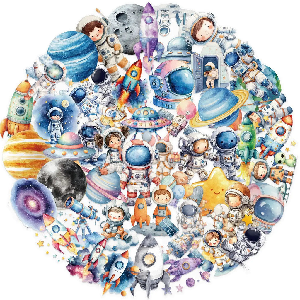 50Pcs Pack Clear Cartoon Astronaut Sticker Pack, Waterproof Transparent PET Kids Decals for Stationery Guitar Notebook Decor