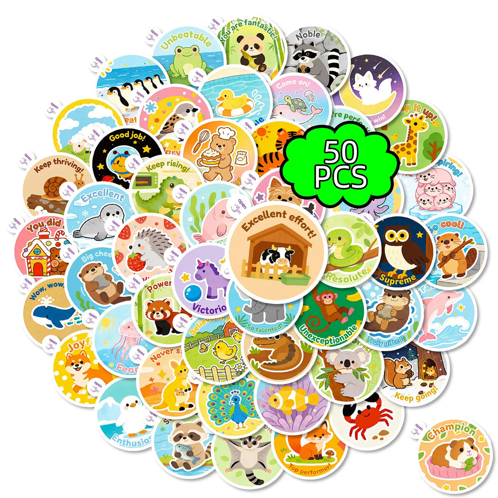 50PCS Cartoon Animal Easy-Tear Stickers Students Office Supplies Decor Decals Phones Fridges Kids Rewards Stickers