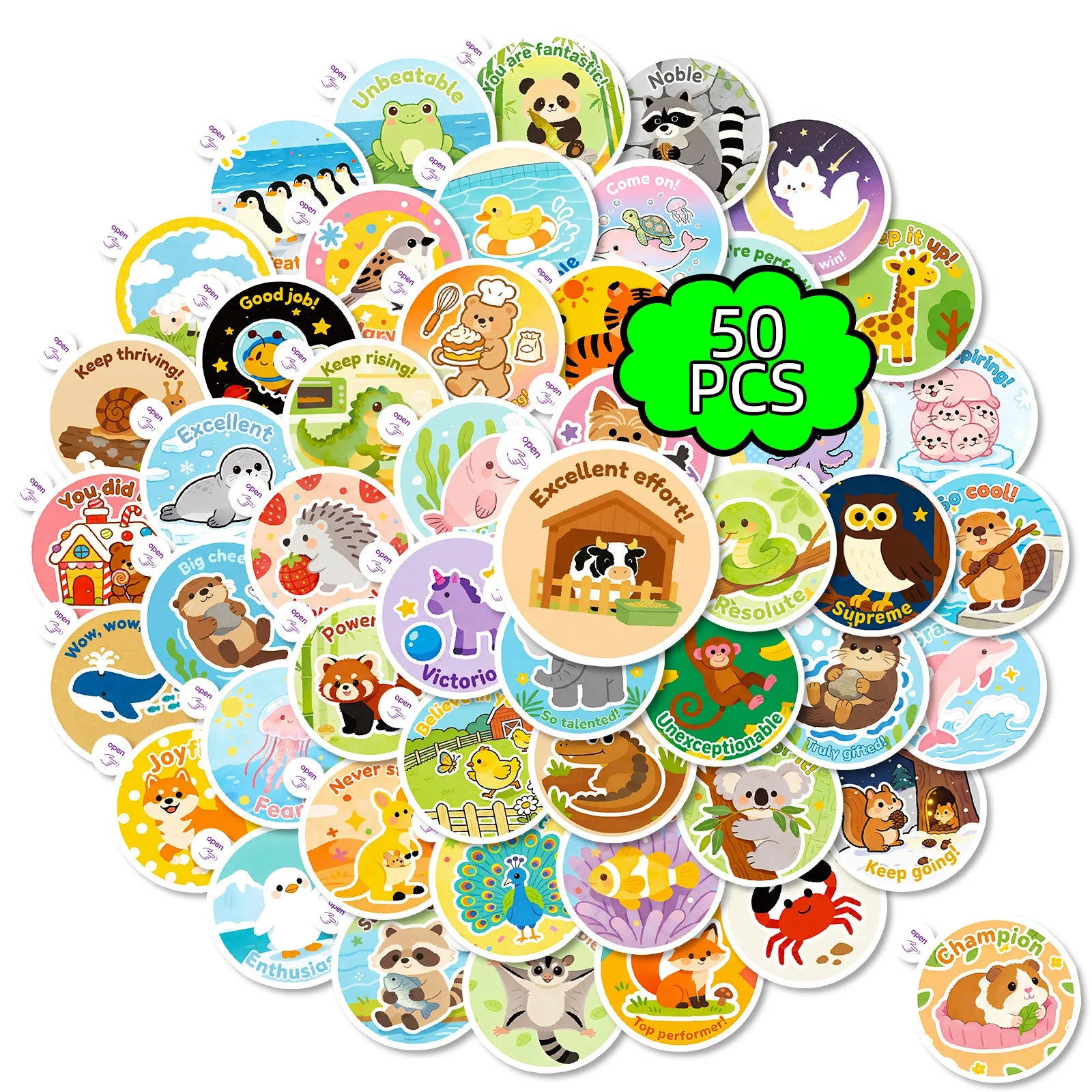50PCS Cartoon Animal Easy-Tear Stickers Students Office Supplies Decor Decals Phones Fridges Kids Rewards Stickers