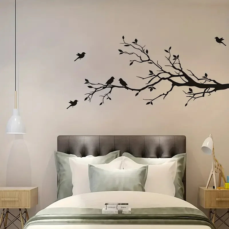 1pc Personality Silhouette Wall Sticker, Black Branch Bird Silhouette, Removable Waterproof Vinyl Sticker, Wall Sticker For Back