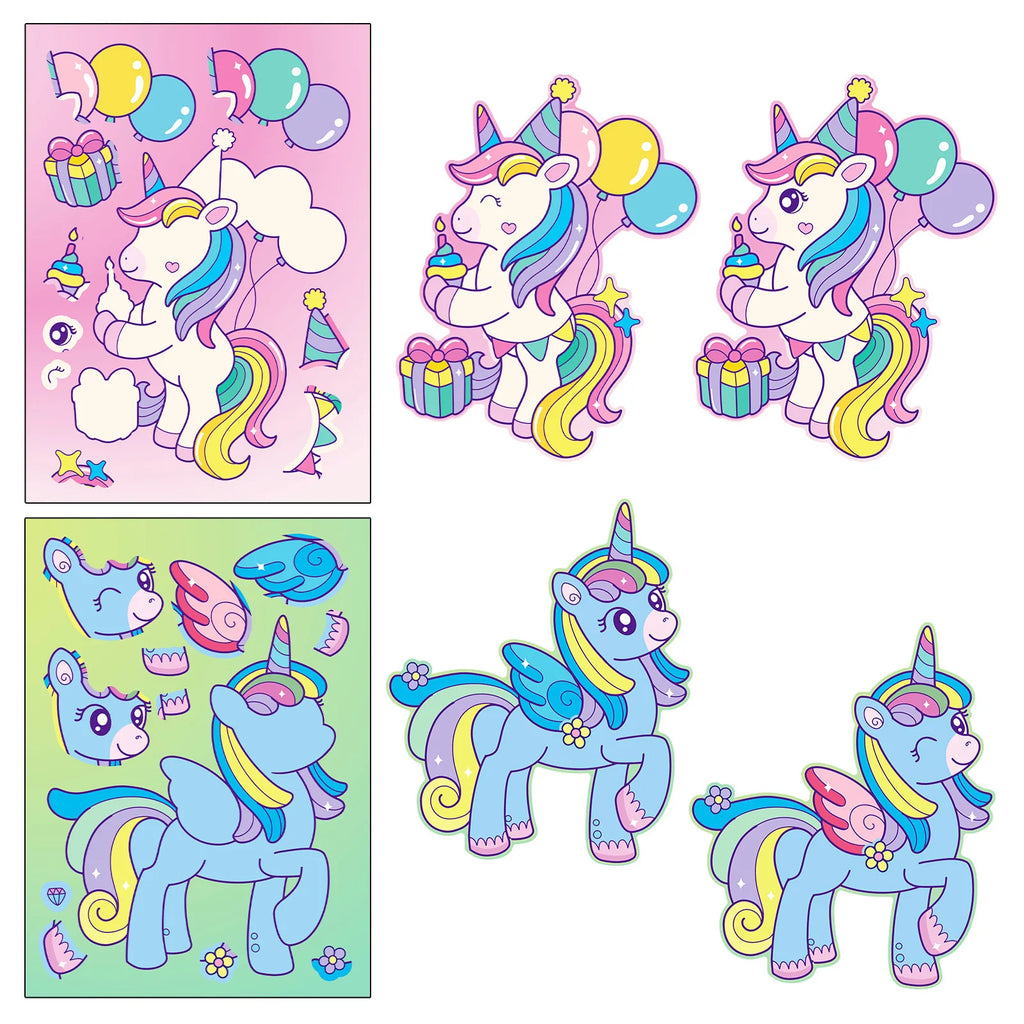 6/12PCS Rainbow Horse DIY Puzzle Sticker Games Unicorn Make A Face Funny Assemble Educational Stickers