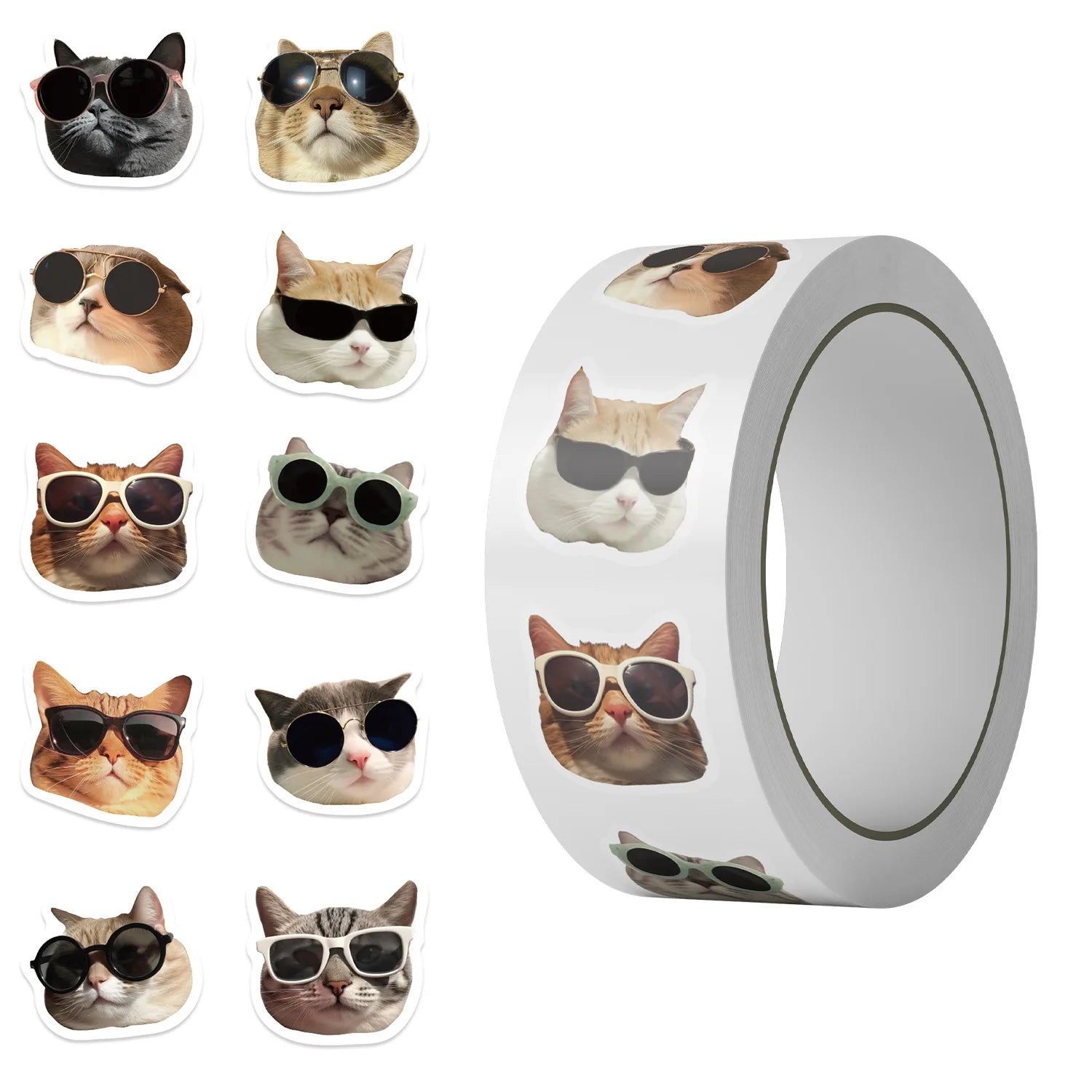 500PCS Roll Stickers Cute Cartoon Wearing Sunglasses Cat Head Decoration Reward Stationery Stickers for Children