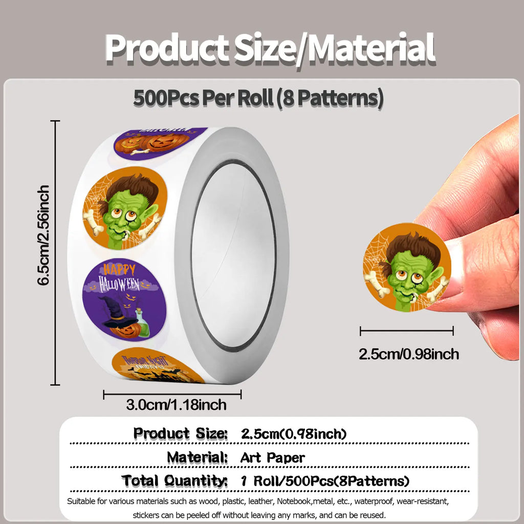 500Pcs Round Cartoon Halloween Day/All Saints'Day Stickers 2.5cm/1'' Roll DlY Craft Decoration Scrapbook Label Gift Sealing