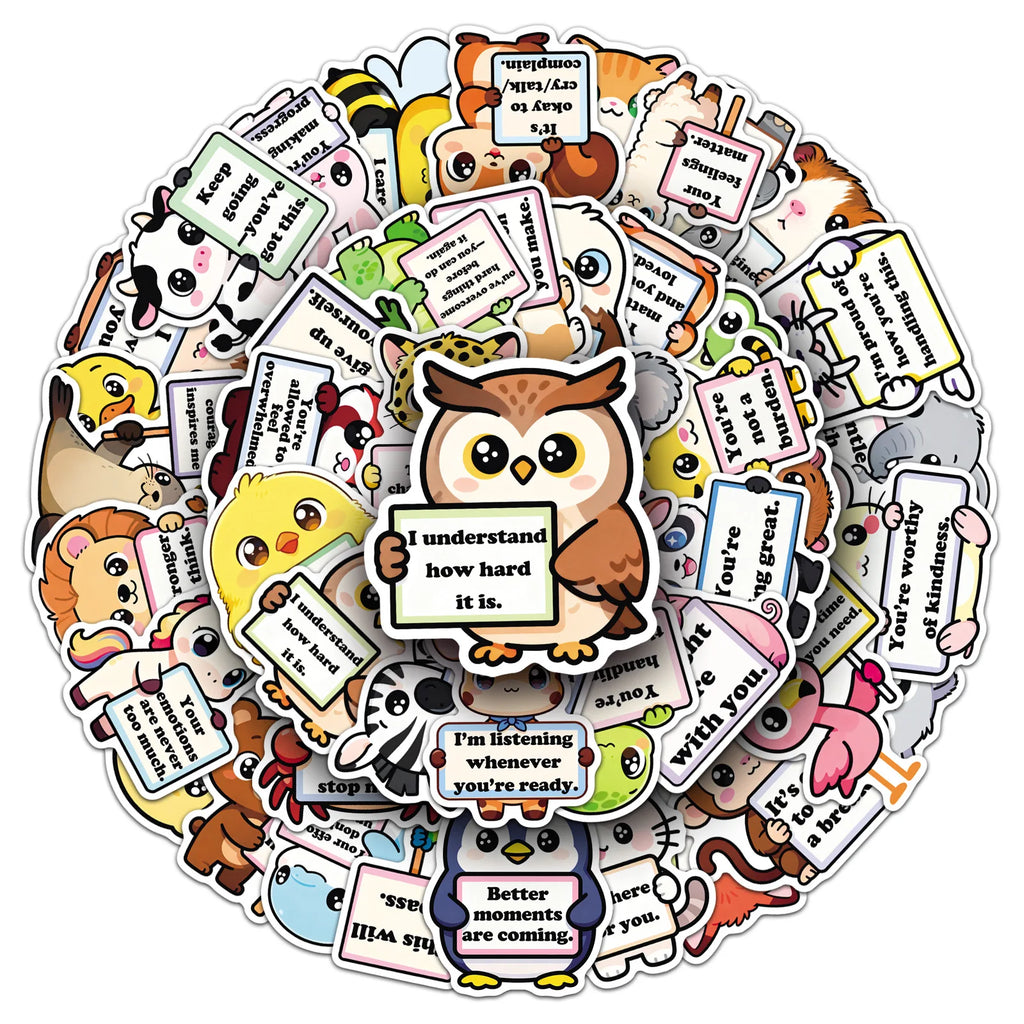 50Pcs Inspirational Phrase Animal Stickers, Cute School Supplies Decals for Notebook Album Cup Phone Fridge DIY Decor