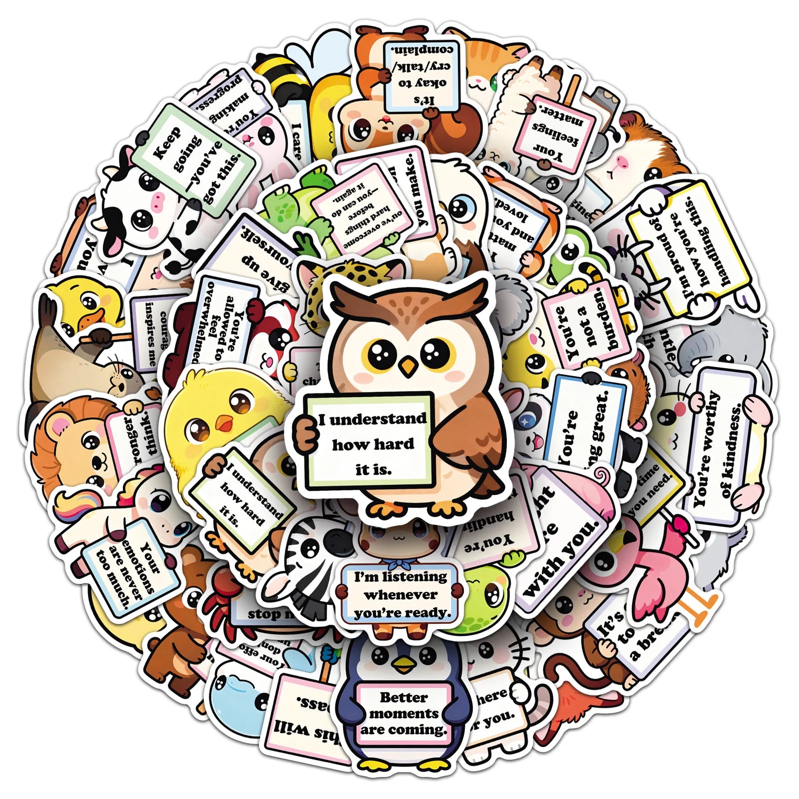 50Pcs Inspirational Phrase Animal Stickers, Cute School Supplies Decals for Notebook Album Cup Phone Fridge DIY Decor
