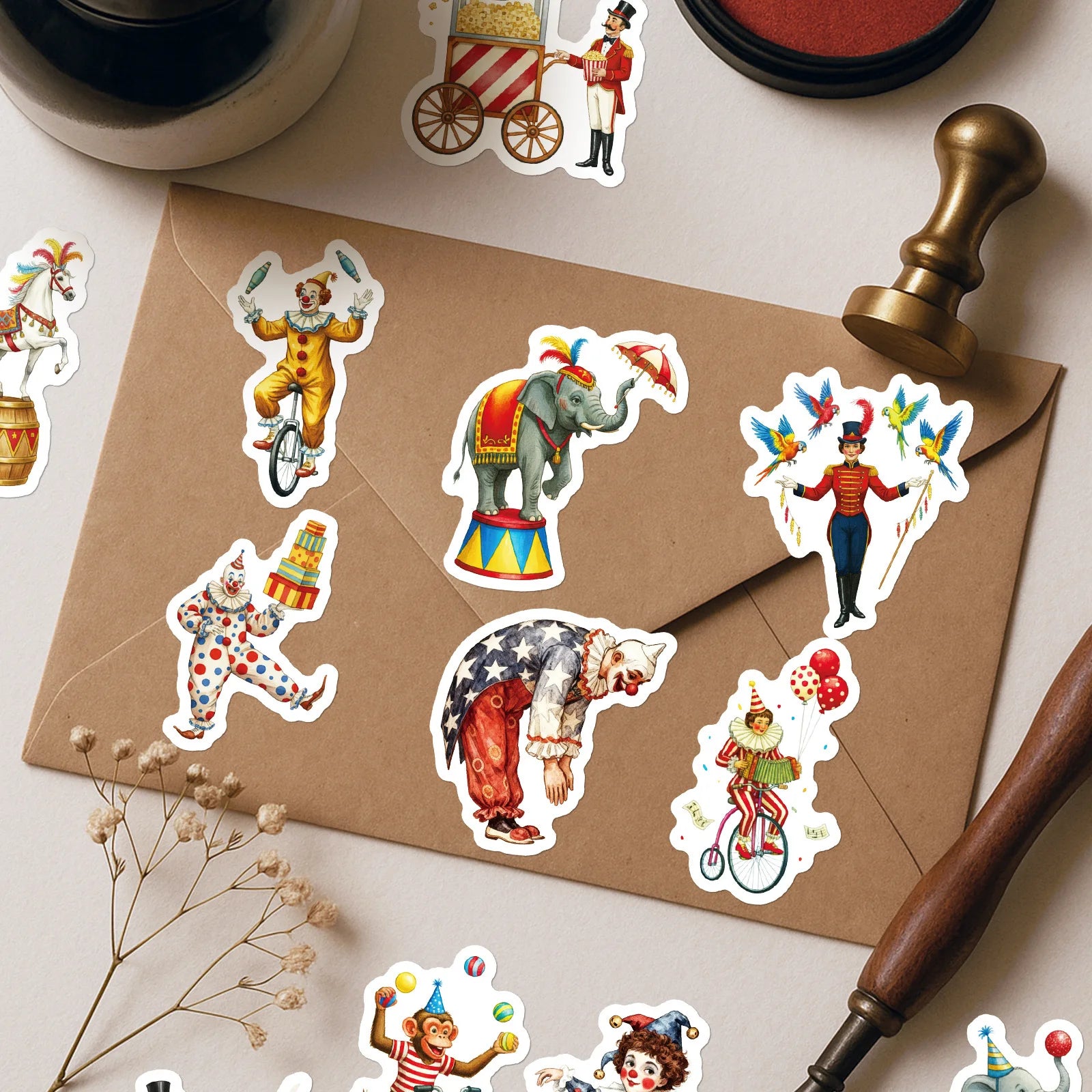 56PCS Circus Clown Animal Vintage Cartoon Stickers, Notebook Phone Suitcase Kids Stationery Creative Waterproof Stickers