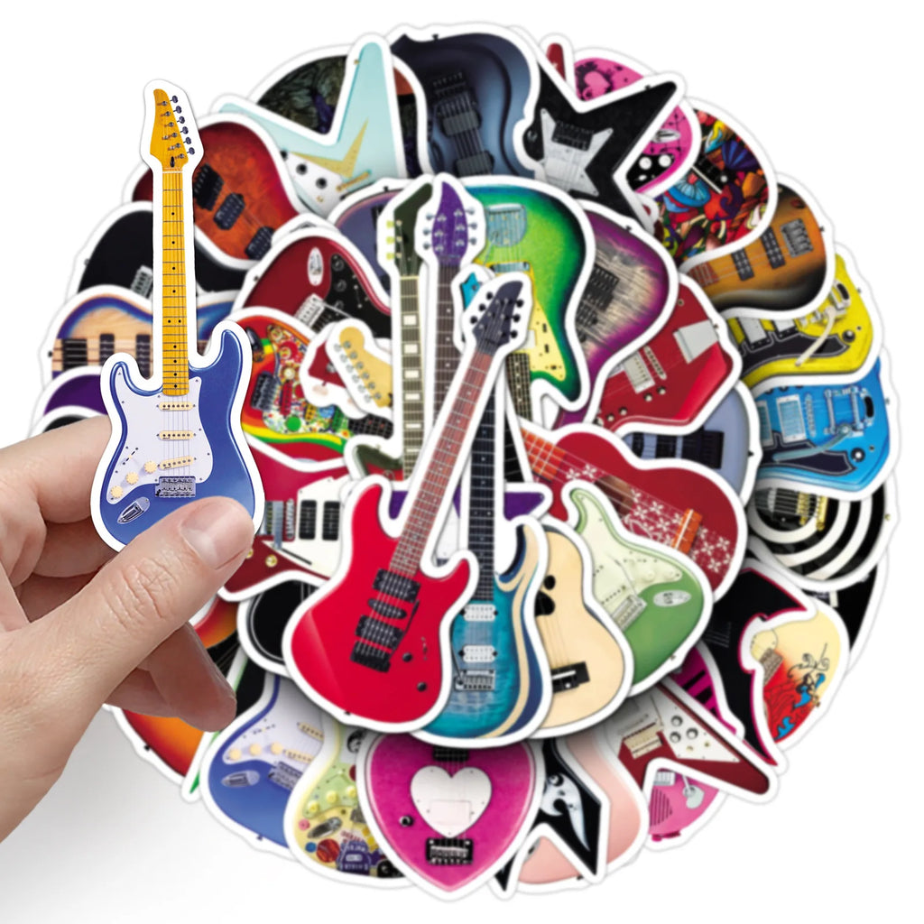 50-Pack Guitar Graffiti Stickers Cartoon Musical Instrument Decorations for Water Bottles Luggage Helmets Stationery Notebooks