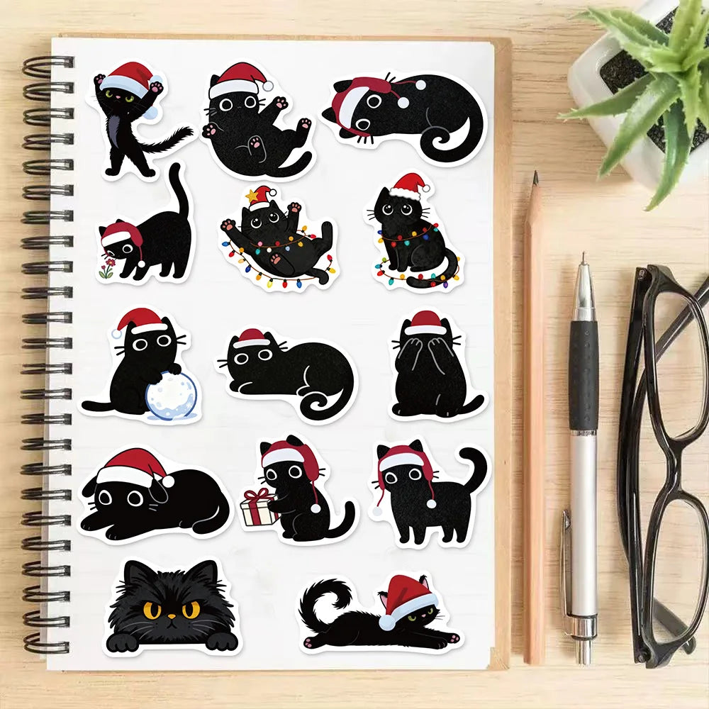 50PCS Cartoon Christmas Black Cat Reward Sticker Pack DIY Brochure Decorative Tablet Laptop Toy Stickers