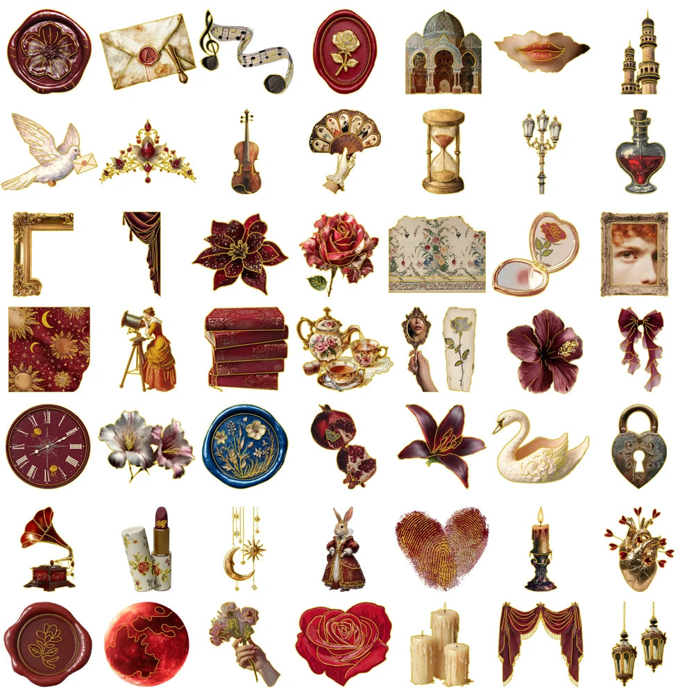 50PCS Retro European Court Style Red Gold Version Sticker Harajuku Cartoon Bicycle Comfortable PET Photo Suitcase Retro Stickers