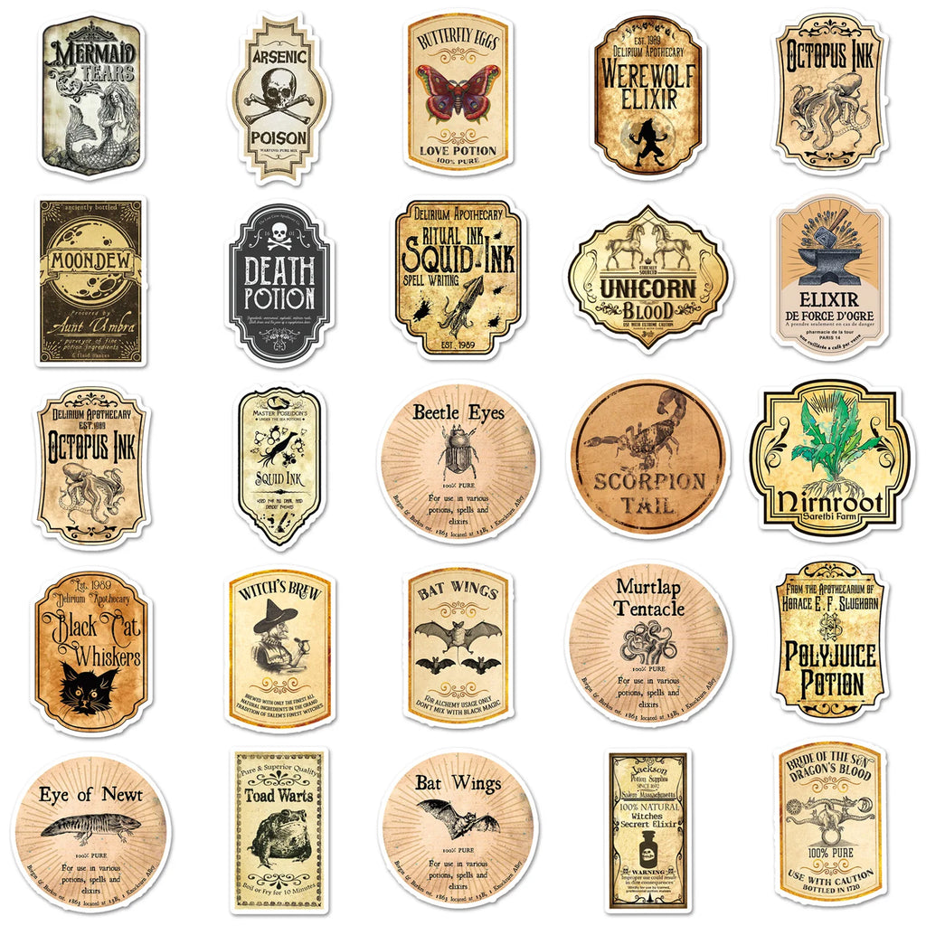100Pcs Pack Magic Potion Label Graffiti Sticker Personality Retro Decal Decor Stationery Notebook Skateboard Luggage Sticker