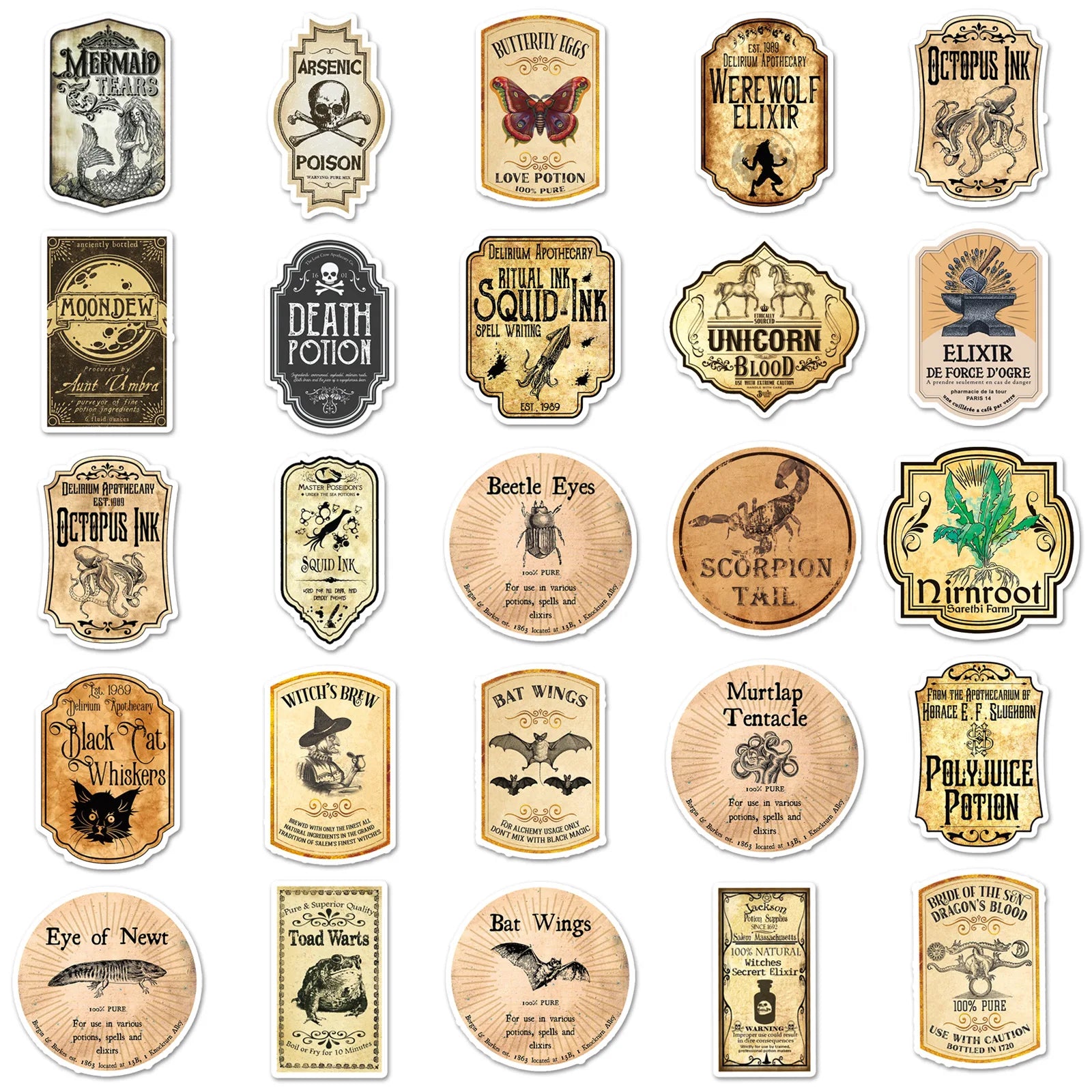 100Pcs Pack Magic Potion Label Graffiti Sticker Personality Retro Decal Decor Stationery Notebook Skateboard Luggage Sticker