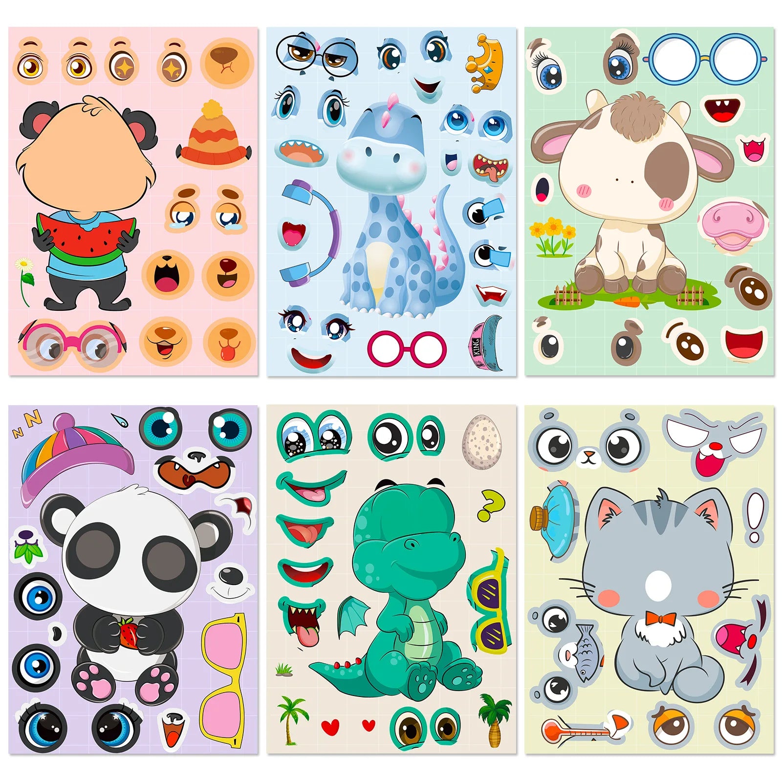 6/12 Pcs Large Cartoon Animal Make A Face Puzzle Relocatable Stickers DIY Game for Scrapbook Desk Stationery Box Helmet Phone
