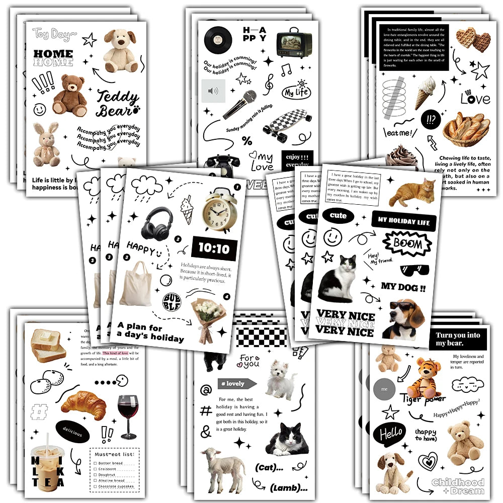 8/16PCS Black White Holiday Collage Stickers Harajuku Laptop Luggage Coffee Retro Skateboards Bicycle Phone Exquisite Sticker