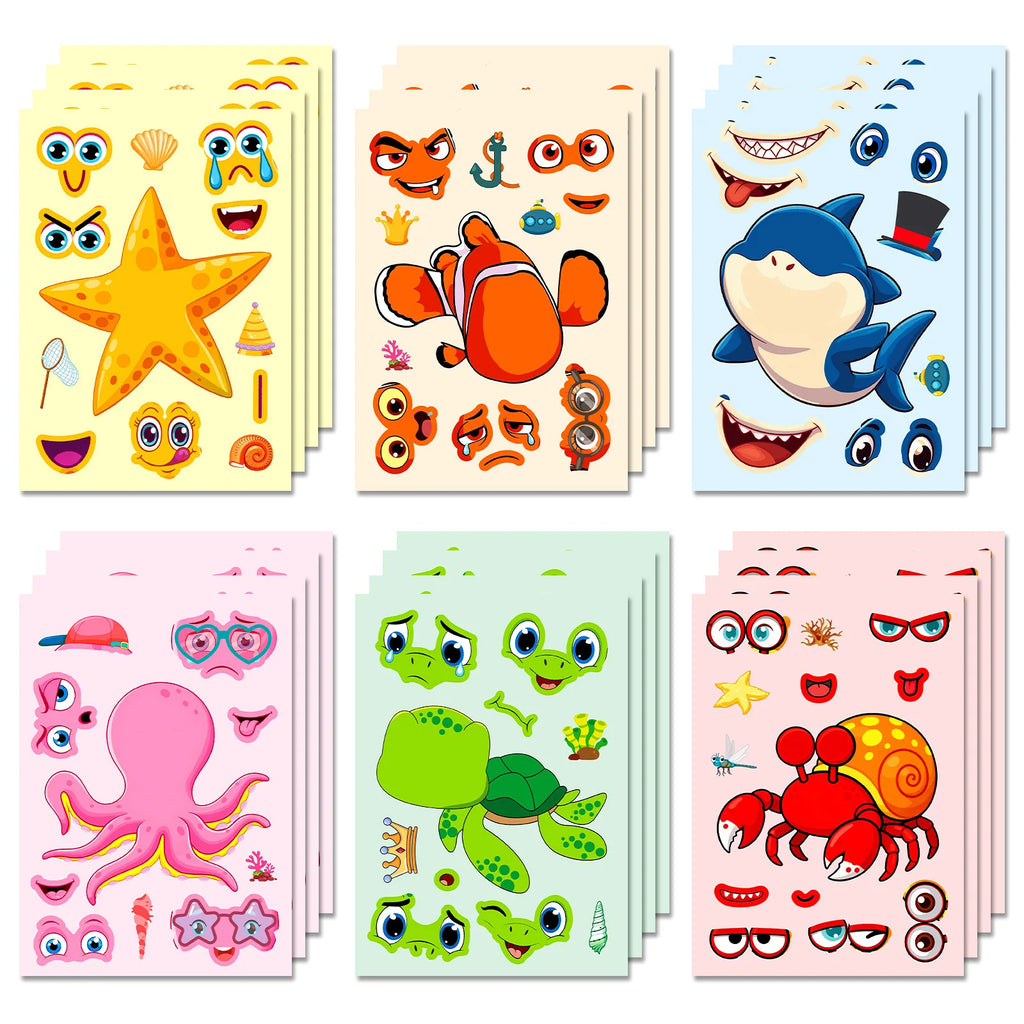 6/12 Pcs Large New Marine Life Puzzle Make A Face Stickers for Stationery Box Laptop Wall Notebook DIY Game Decals
