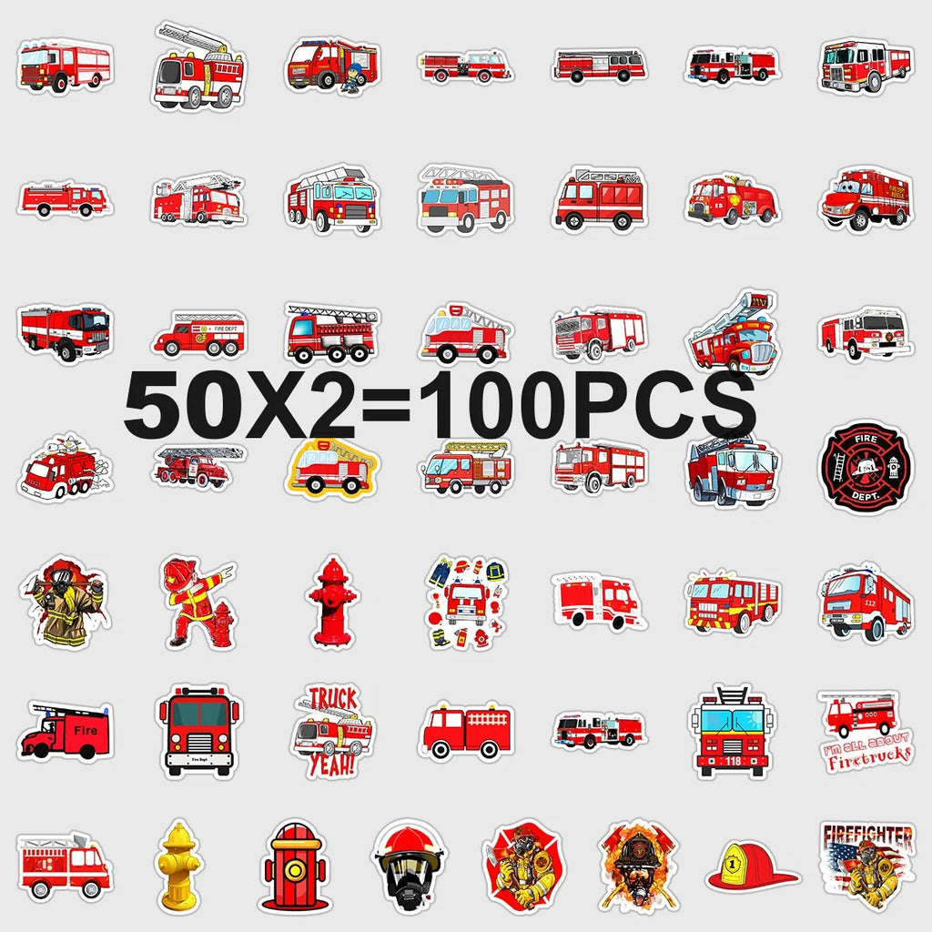 50/100PCS Fire Truck Graffiti Stickers, Car Phone Handcup Decorative Stickers, Notebook Handbag Waterproof Stickers