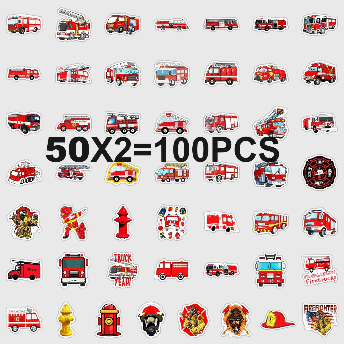 50/100PCS Fire Truck Graffiti Stickers, Car Phone Handcup Decorative Stickers, Notebook Handbag Waterproof Stickers