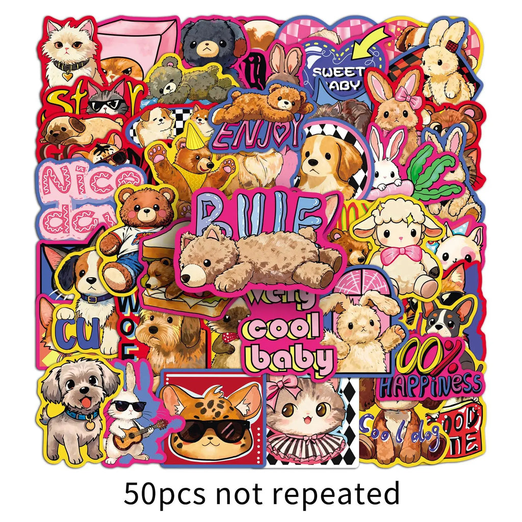 50Pcs Trendy Retro Cartoon Animal Stickers Stationery Notebook Phone Cup Guitar Fridge Luggage DIY Decor Cool Waterproof Sticker